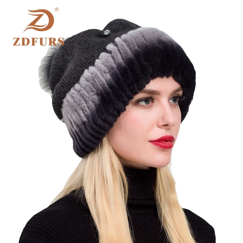 ZDFURS * 2019 новые женские шапки из меха кролика рекс с вязаные шерстяные зимние