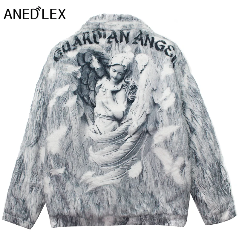 

Hip Hop Streetwear Furry Jacket Tie-dye Graffiti Angel Print Casual Jacket 2021 Men Winter Harajuku Warm Fleece Jacket Outwear