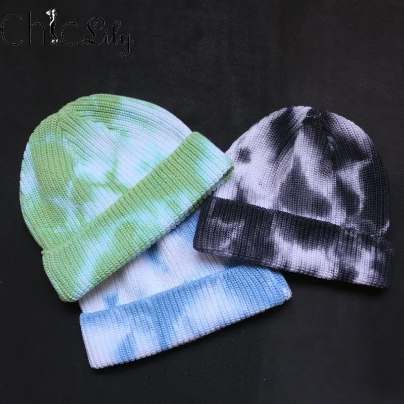 Вязаные шапки Chiclily Tie Dye Slouch осенне зимние шерстяные для мужчин и женщин ретро Ins