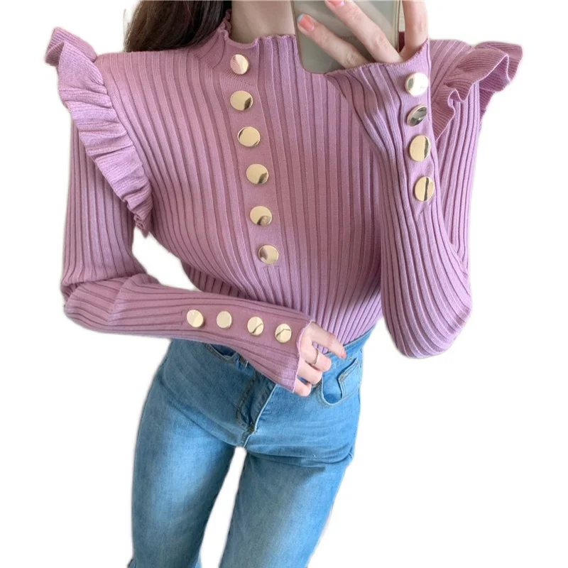 

Kimutomo Women Ruffles Sweater Spring Autumn 2021 Korea Chic Girls Half Turtleneck Buttons Long Sleeve Pullovers Outwear New