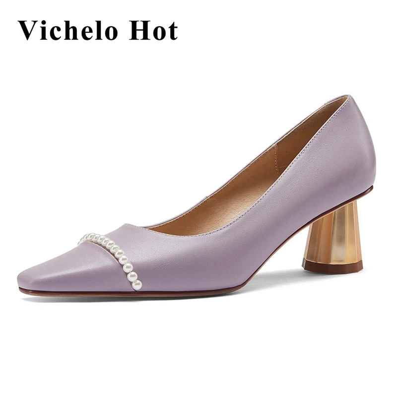 

Vichelo Hot genuine leather square toe shallow med heels Princess style fairly basic strange style pearl slip on women pumps L83
