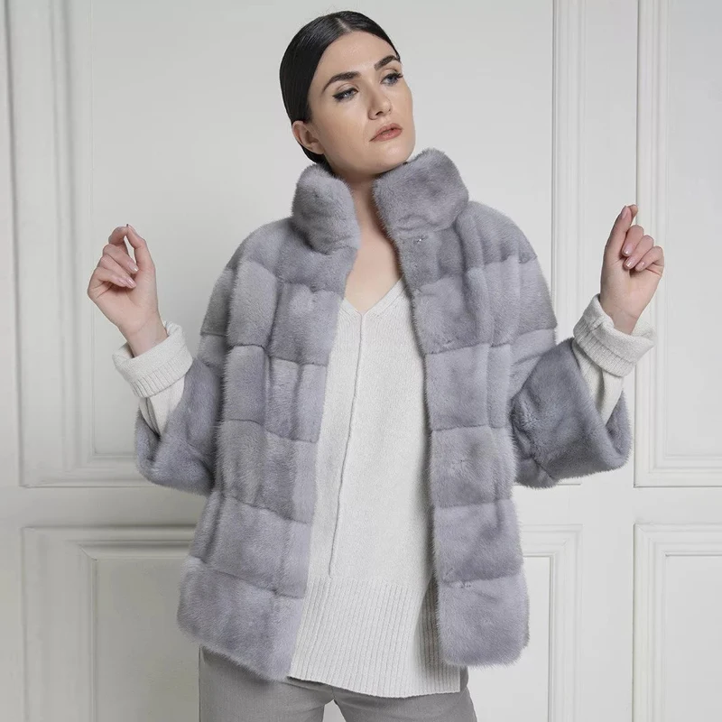 BFFUR Fashion Grey Genuine Mink Fur Jackets Stand Collar 2022 Trendy Natural Woman Fur Coat Outwear Luxury Real Mink Fur Coats