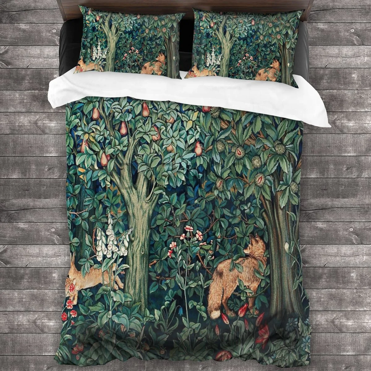 

FOREST ANIMALS Fox And Hares Blue Green Floral Tapestry Comforter Set with 2 Pillowcases，Soft Microfiber Bedding Set Duvet Cover