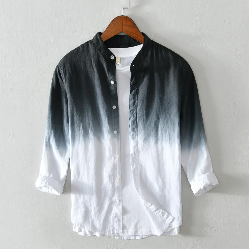 

Gradient Shirt for Men Three Quarter Sleeve Vintage Tops Autumn New Male Fashion Casual Pure Linen Stand Collar Clothes