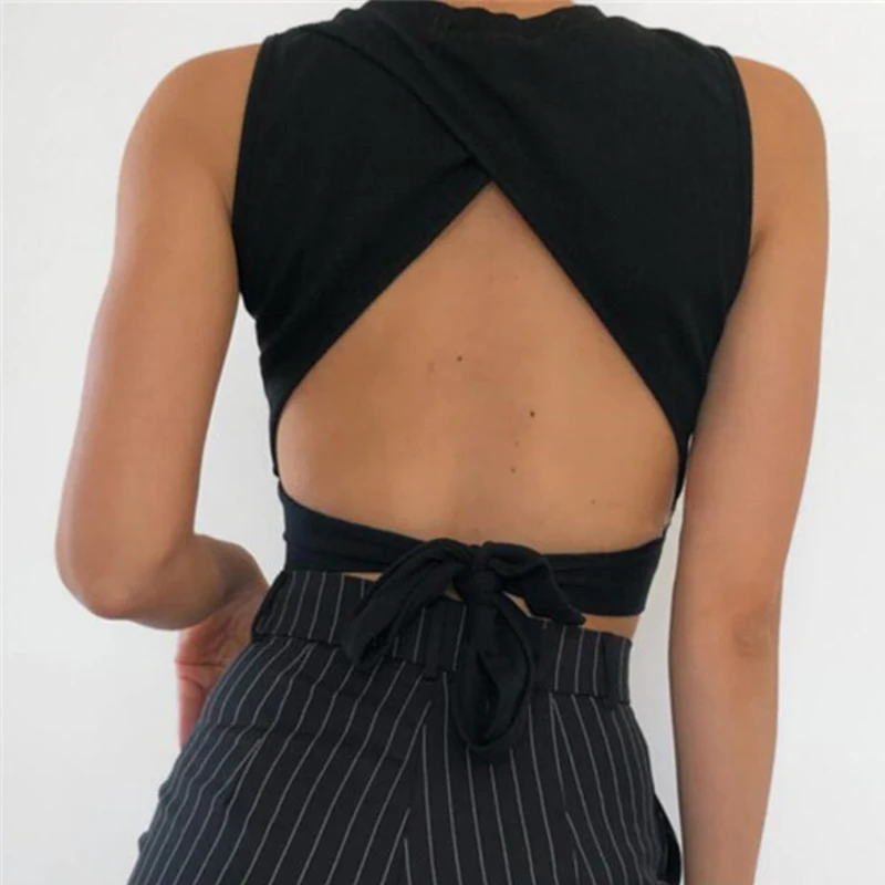 

Women Cropped Tanks Sexy Sleeveless O-neck Backless Bandage Elastic Slim Short Top For Club Casual Solid Pullover Summer Clothes