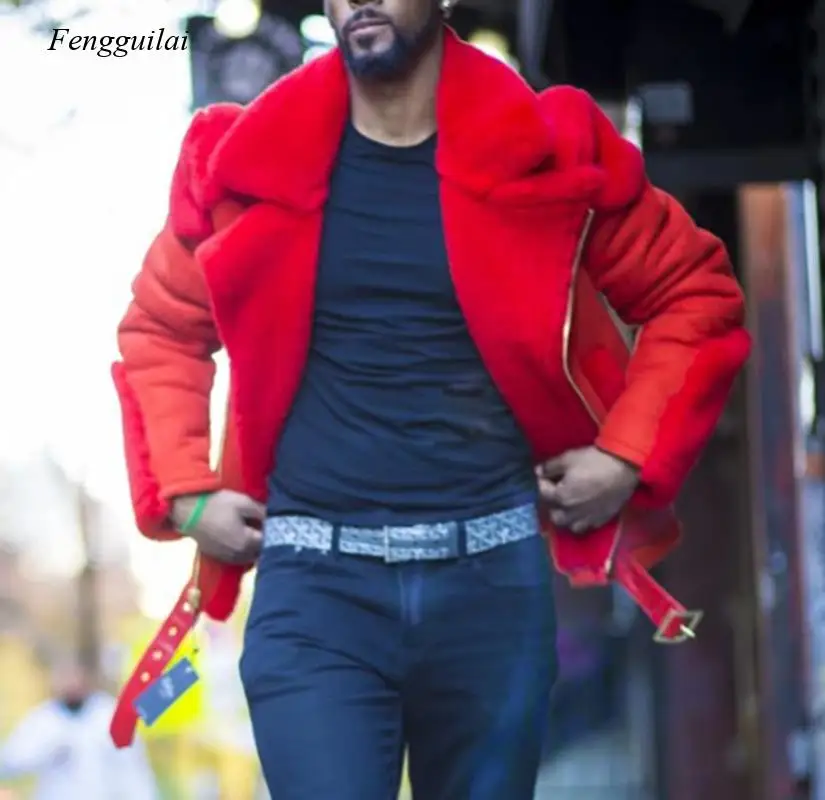 

Autumn and Winter Men's Casual Jacket Fur Collar Red Furry Collar Plus Velvet Thick Men's Leather Jacket