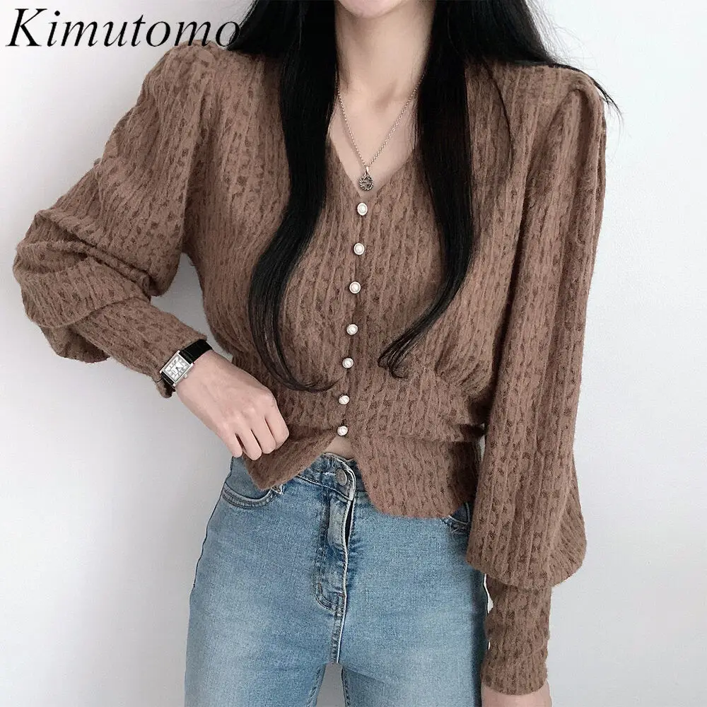 

Kimutomo Chic Shirt Woman 2022 Spring New Korean Ins Solid Single-breasted V-neck Slim Puff Sleeve Brushed Lace Short Shirt Tide