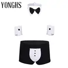 Мужское эротическое нижнее белье, боксеры, трусы, нижнее белье с галстуком-бабочкой, воротником и браслетом, смокинг официанта, костюм для косплея