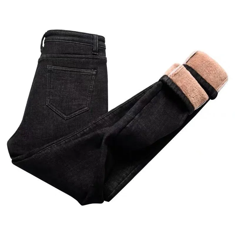

Winter New High Waist Pants Ladies Thicken Denim long Trouser Streetwear Mom Plus size Velvet warm Elastic Slim Jeans Women