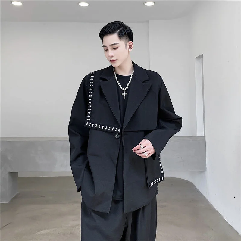 

Men's Wear Tide Koean Casual Asymmetry Rivet Suit Coat For Male 2021 Autumn New Loose Simple Long Sleeve Blazers For Male