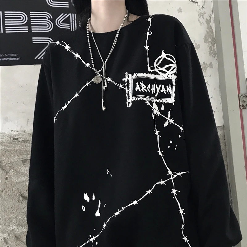 Гранж Повседневная Женская Печать Черная Толстовка уличная одежда|Женские