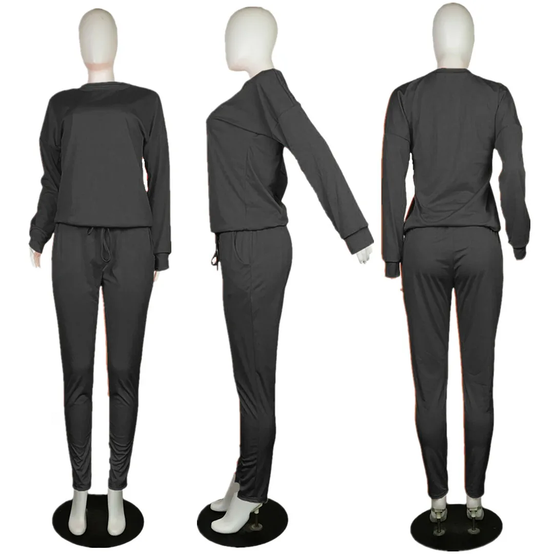 

Women Casual Two Piece Suits Long Sleeve Solid Shirt Top and Drawstring Pants Set