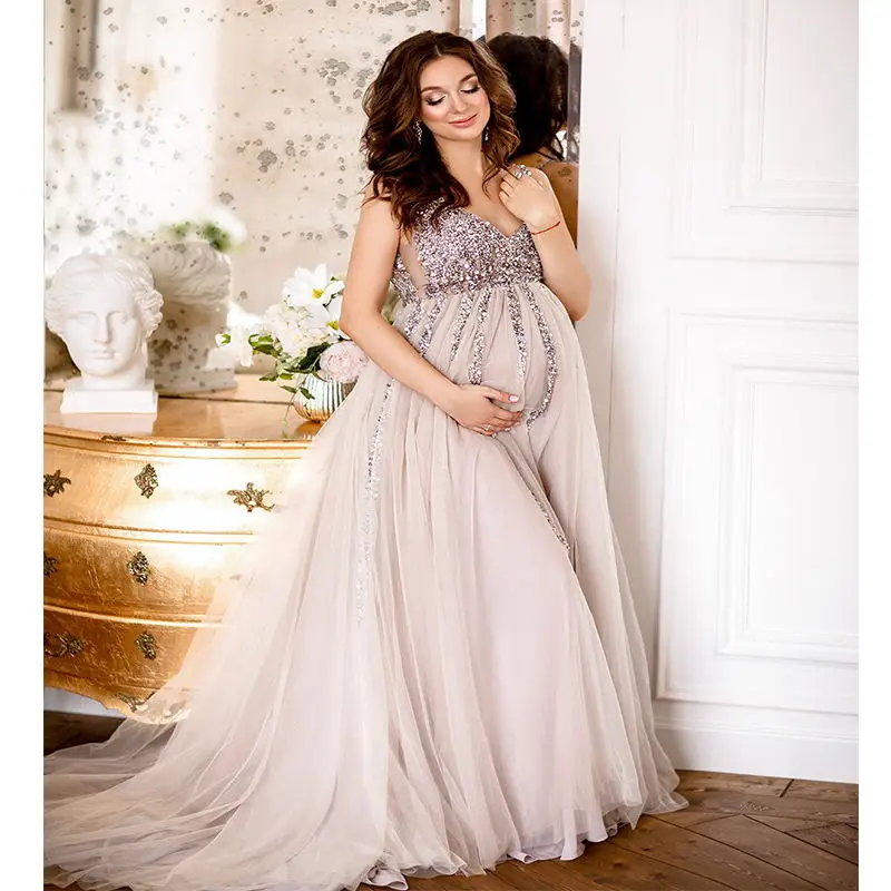 

Silver Maternity Dresses Beaded Sequins Maternity Gown for Photoshoot Boudoir Lingerie Robes Bathrobe Nightwear Babydoll Robe
