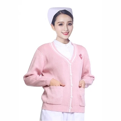 Nurse's sweater cardigan thickened navy blue and white edge Korean version warm knit jacket doctor's emergency outpatient cloths |