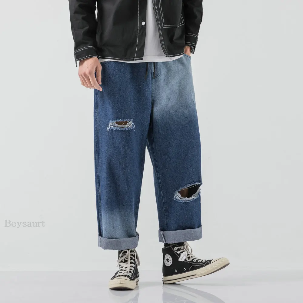 

Мужские свободные джинсовые брюки, черные шаровары в стиле хип-хоп, джинсовые брюки, новинка 2022