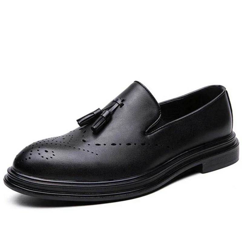 

Men's Handmade PU Black Retro Tassel Hollow Loafers Low Heel Comfortable Fashion Trend Classic Business Casual Lazy Shoes 1KB014