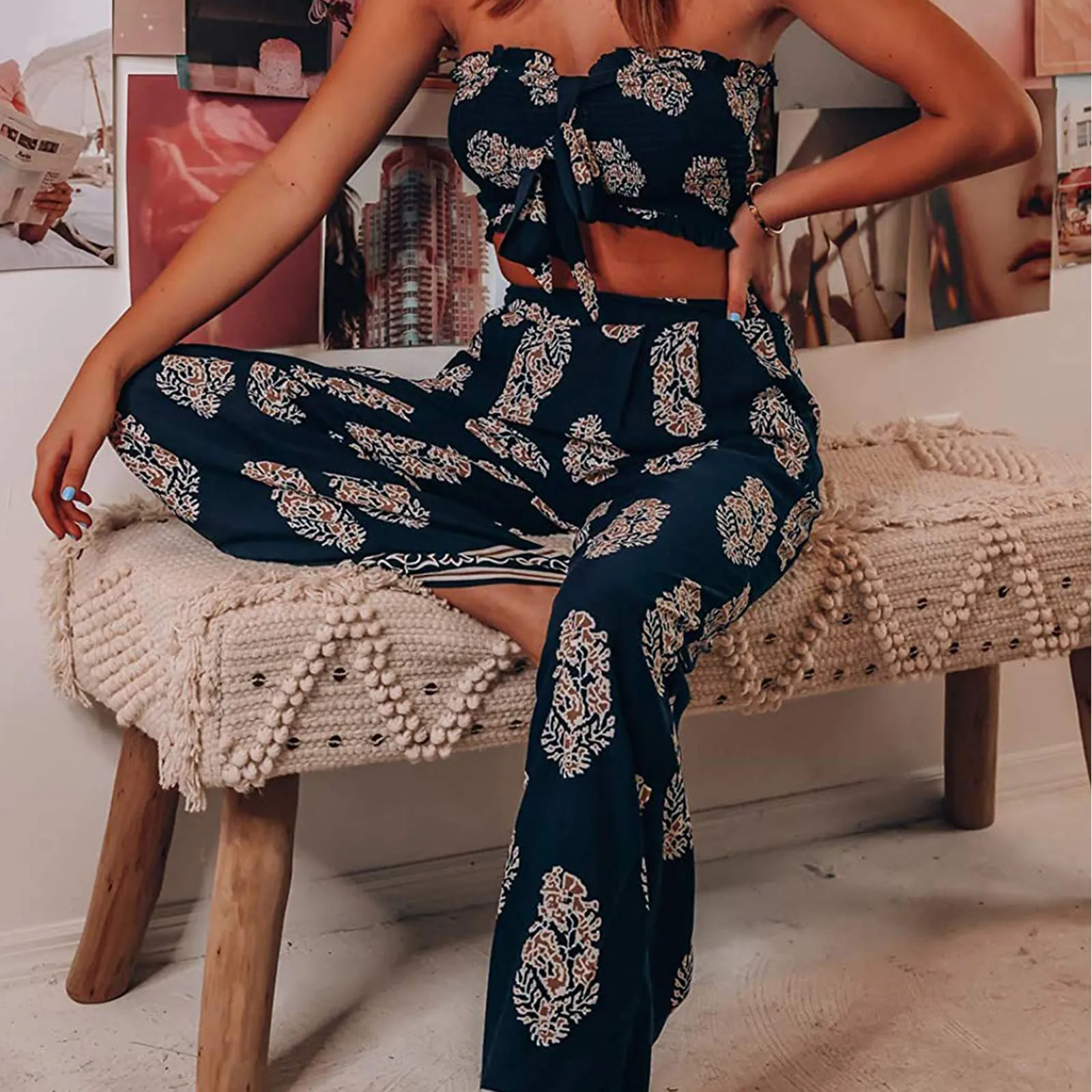 

Summer Women Casual Butterfly Printed Sleeveless Camis Tops+Long Pants 2 Piece Set Wide Leg Long Pants Suit Ropa 2pcs Outfits