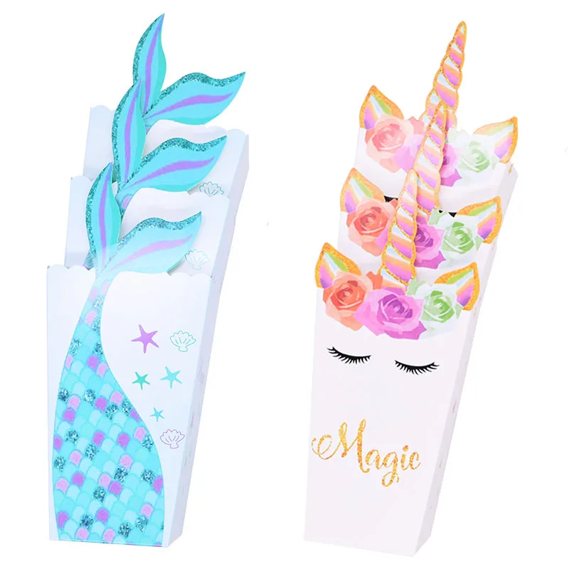 

10pcs Popcorn Boxes Mermaid Tail Unicorn Birthday Wedding Party Candy Popcorn Paper Box Movie Party Tableware Baby Shower Supply