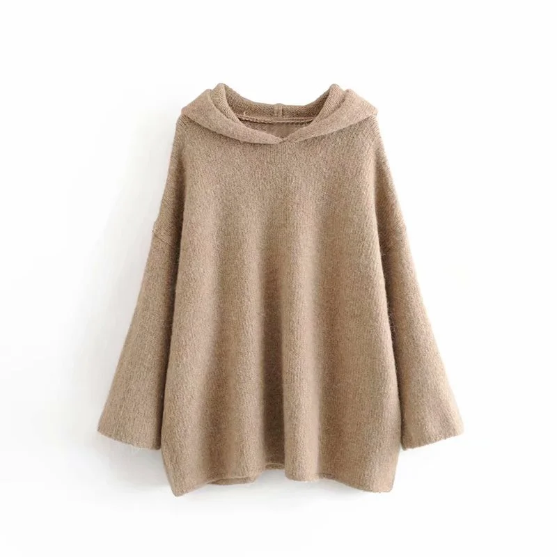 khaki sweatshirt Звездный Светлячок, модная женская толстовка Za, осень, повседневная, свободная, однотонная накидка, с заниженным плечом, рукав, с капюшоном, вязаная женская толстовка - Цвет: khaki sweatshirt