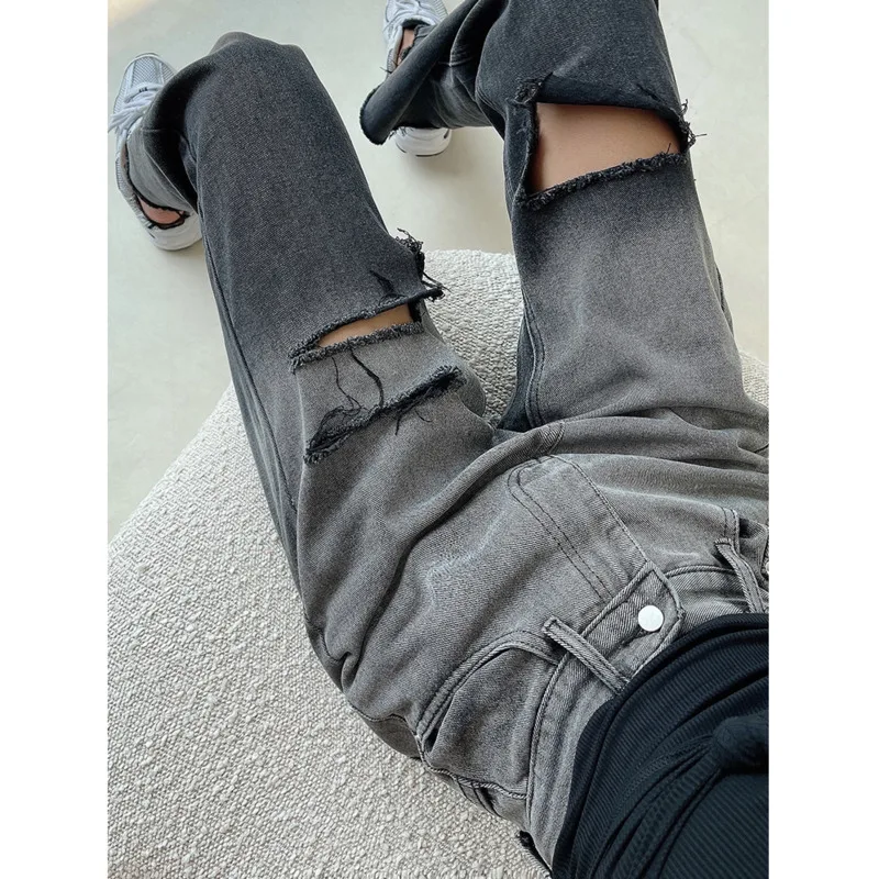 

XUXI 2021 Autumn Women Denim Trousers Gradient Ripped Jeans High Waist Loose And Thin Straight Wide Leg Pants E2999