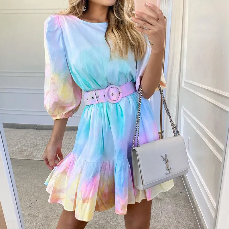 

Women Half Sleeve Mini Dress Summer Tie Dye Print O Neck Loose Short Dresses Night Club Party Evening Bodycon Dresses Vestidos