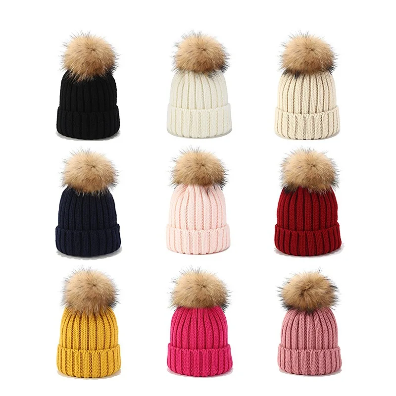 

Winter knitted hat women woolen hedging cap raccoon fur ball knitted hat cold ear protection cap Windbreak cap for women&baby