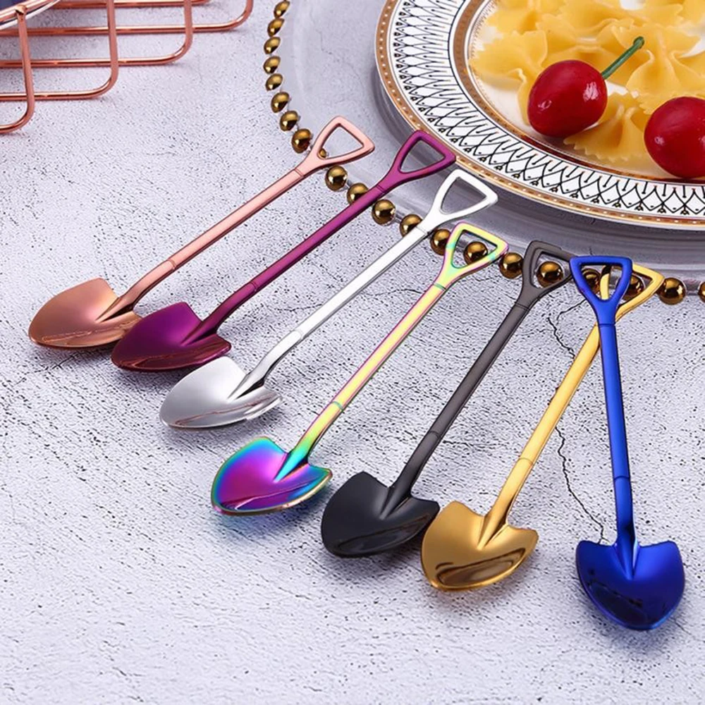 

Stainless Steel Shovel Shape Multi-color Spoon Fork Long Handle Coffee Ice Cream Tea Spoon Kitchen Home & Kitchen 12.2*2.2cm