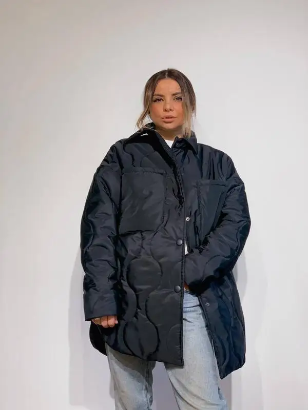 

2021 Winter Warm Women's Outerwear Loose Long Sleeve Solid Black Pocket Female Outwears New Fashion Elegant Casual Lady Jacket