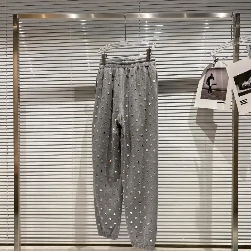 2021 Spring New Full Leg Rivet Women Sweat Pants Drawstring Elastic Waist Loose Gray Pants