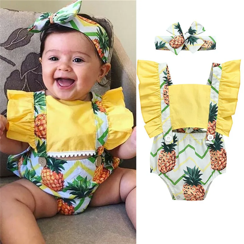 

Free shipping Newborn Baby Girls Clothes Ruffle Pineapple print backless Bodysuit bow Geometry Headband 2pc lovely Summer Outfit
