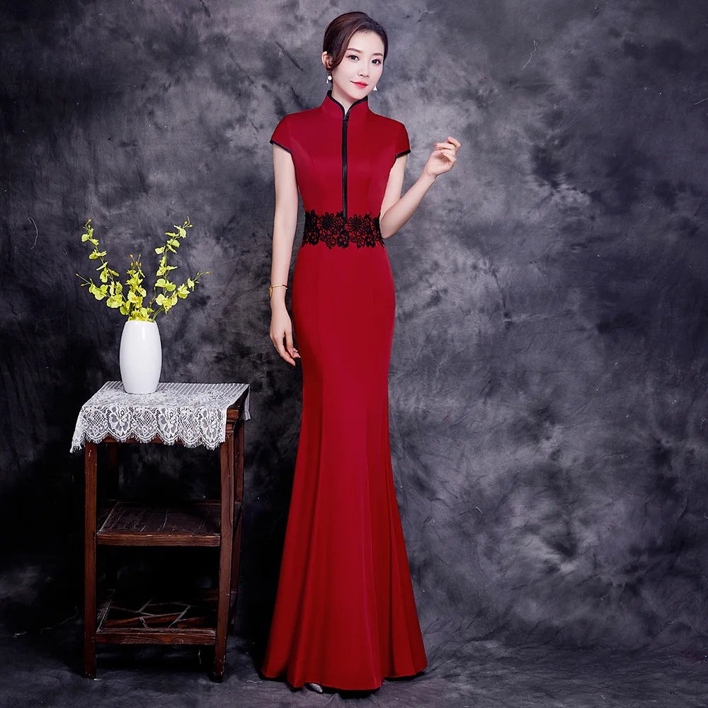 

Plus Size 3XL Women Satin Trumpet Dresses Sexy Slim Stand Collar Cheongsam Skirt Elegant Applique Bride Wedding Party Dress Gown
