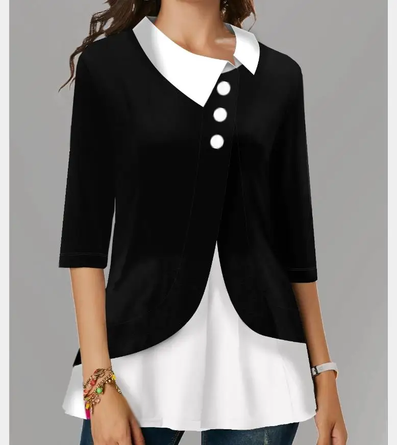 Женская блузка с отложным воротником асимметричная рукавом 3/4 офисная одежда