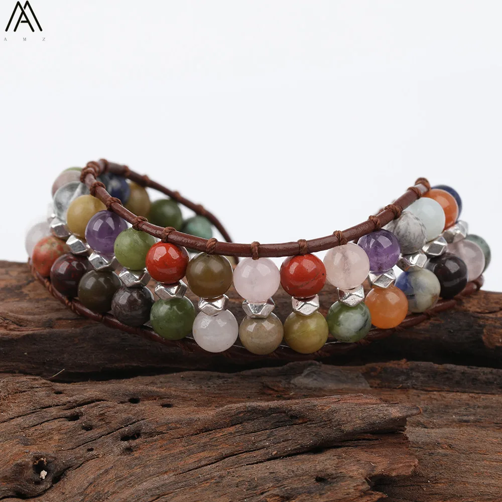 Boho натуральные камни бисер серебряного цвета кожаный браслет 6 мм круглые