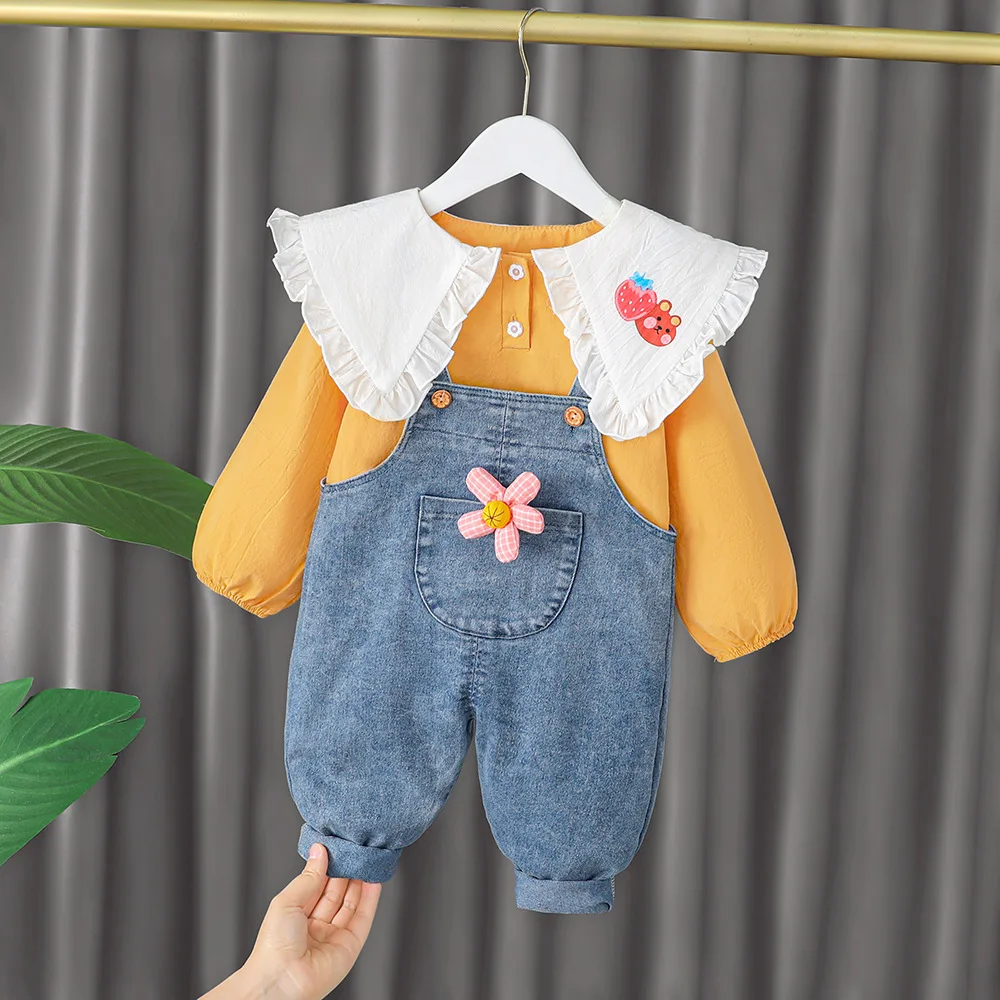 

Autumn Spring Baby Girls Clothing Sets Toddler Infant Clothes Lapel Strawberry Bunny Overalls Pants Children Kids Clothes