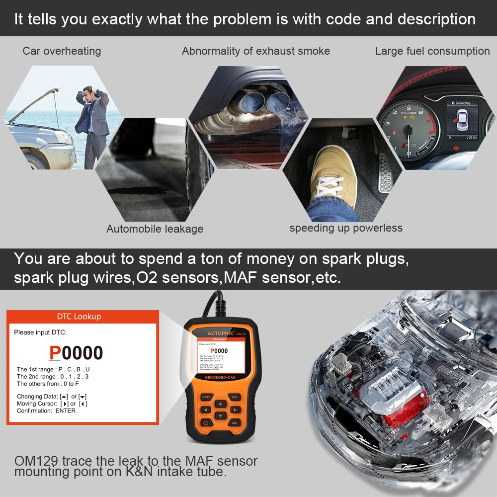 autophix om129 obd2 engine code reader automotive scanner battery tester obd 2 diagnostic tool clear error code free update free global shipping