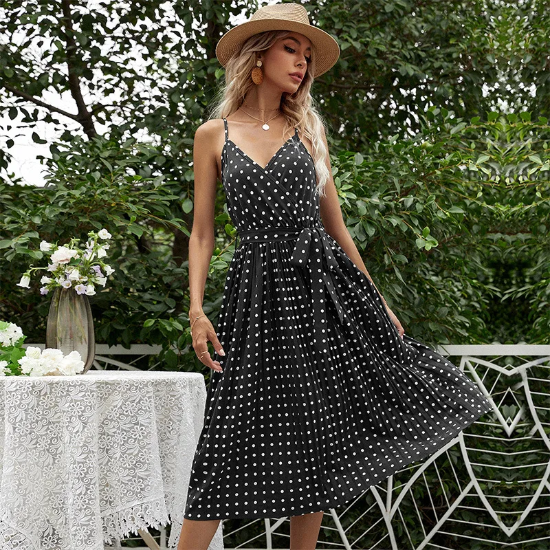 

2021 Summer Chiffon Mid-length Skirt with Polka Dot Print Sling Pleated Dress Feminine Slim Mid-waist Suspender Skirt