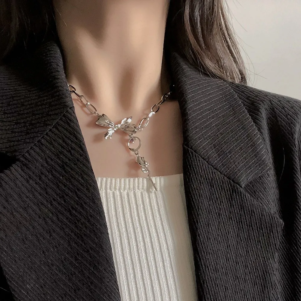 

Kpop Vintage Bowknot Chain Necklace for Women Removable Rose flower Earrings on The Neck Stainless steel Punk Grunge Jewelry