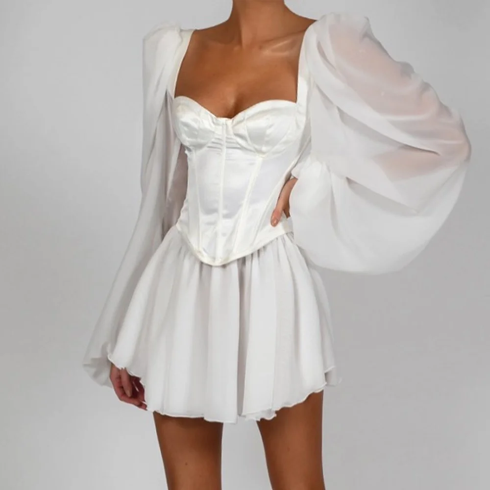 

Women's Sexy Square Collar Big Lantern Sleve Short Dress Chiffon Dress