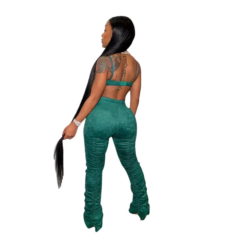 

Sexy 2 Piece Matching Set Summer Clothes For Women 2021 V Neck Sleeveless Bra Top And Pleated Bell Bottom Pant Lounge Wear Suit