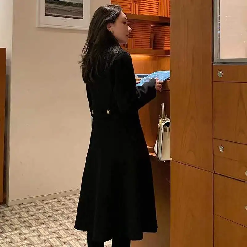 Женское длинное пальто элегантное шерстяное с поясом однотонное в Корейском