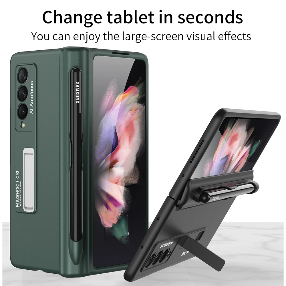 

Pen Slot Holder Magentic Hinge Case for Samsung Galaxy Z Fold 3 5G Phone Cover Kickstand Matte Hard Plastic Shockproof (no pen)