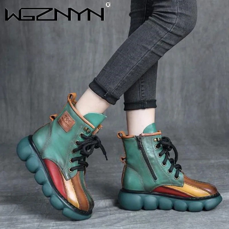 

Autumn Winter Women Platform Ankle Boots Fashion Mixed Colors Leather Splicing Short Boots Female Comfortable Chunky Botas Mujer