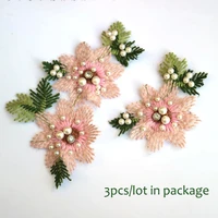 3pcsset pink flower patches for clothes beaded pearl embroidery parche floral appliques for clothing decoration badge