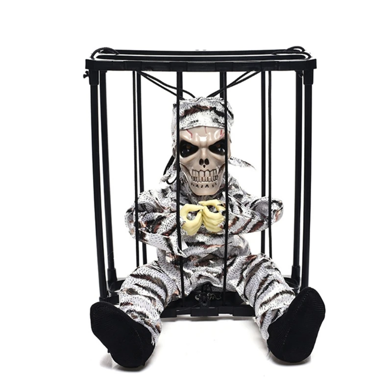 

Halloween Decoration Induction Skeleton Skull Death Prisoner Eyes Glowing Scary Screaming Cage Ghost Scene Hanging Props