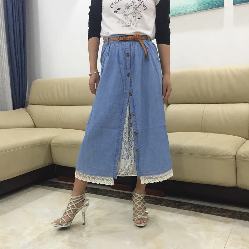 

Женская кружевная джинсовая юбка, Повседневная Длинная юбка составного кроя с высокой талией в японском стиле Харадзюку, однобортная, Осен...