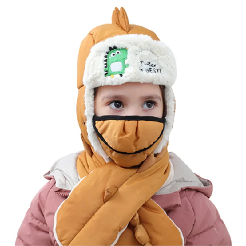 

Boys Girls Hats Kids Children Ear Flap Winter Thick Warm Plush Cotton dinosaur Cap Outdoor Lei Feng Cap with mask Windproof