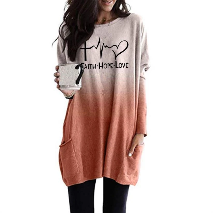

2022 New Fashion Faith Hope Love Letters Print T-Shirt For Women Gradient Long Sleeve Pocket T-Shirt Top Women Cropped