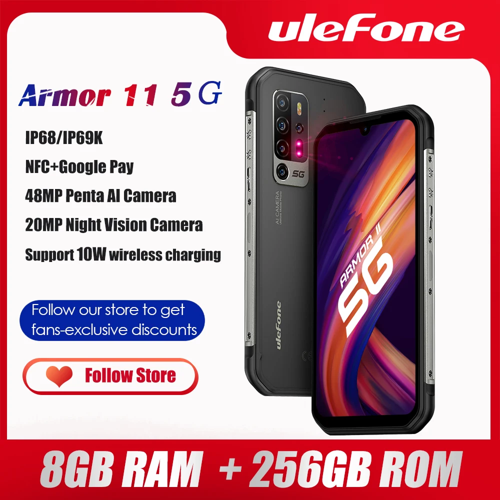 Ulefone Armor 11 5G Rugged Mobile Phone Android  8GB +256GB Waterproof Smartphone 48MP NFC Mobile Phone Wireless Charging