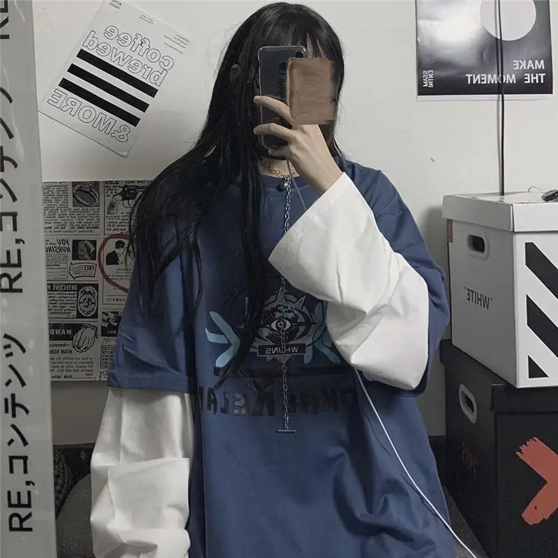 

Fake Two-piece T-shirt Plus Size Shirt Men Women Oversized Outside Wear Punk Top Harajuku Summer Vintage Streetwear Shirt Women