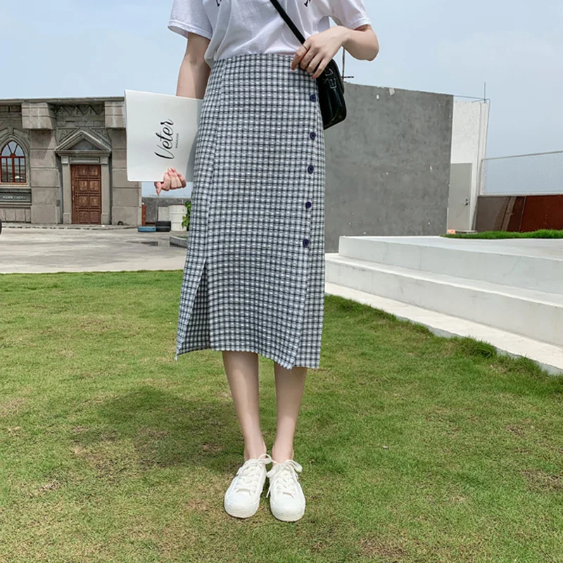 Harajuku летняя Клетчатая Женская юбка шикарная ретро юбка-карандаш с высокой талией